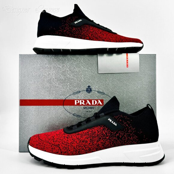NEW PRADA Men's Knit 2 Red Black Textile Low Top Logo Sneakers UK 10 / US 11 - Picture 12 of 12